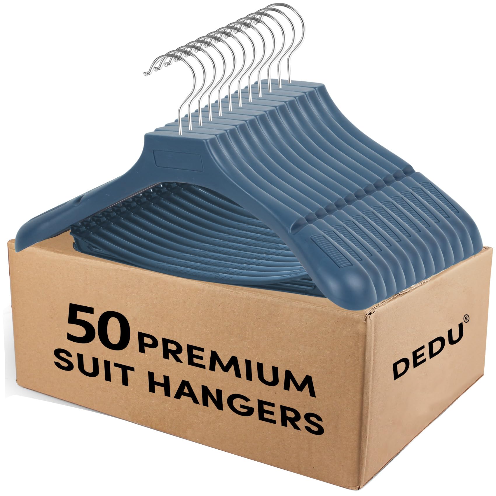 Suit Hangers for Men 50 Pack, Extra Wide Hangers Non Slip Width 17.7'', Blue Coat Hangers Thick Plastic with Pants Bar 360 Swive